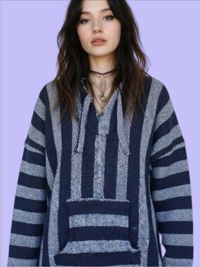 Vintage 90s Mexican Baja Drug Rug Navy Blue White Striped Hippie Hoodie Pullover